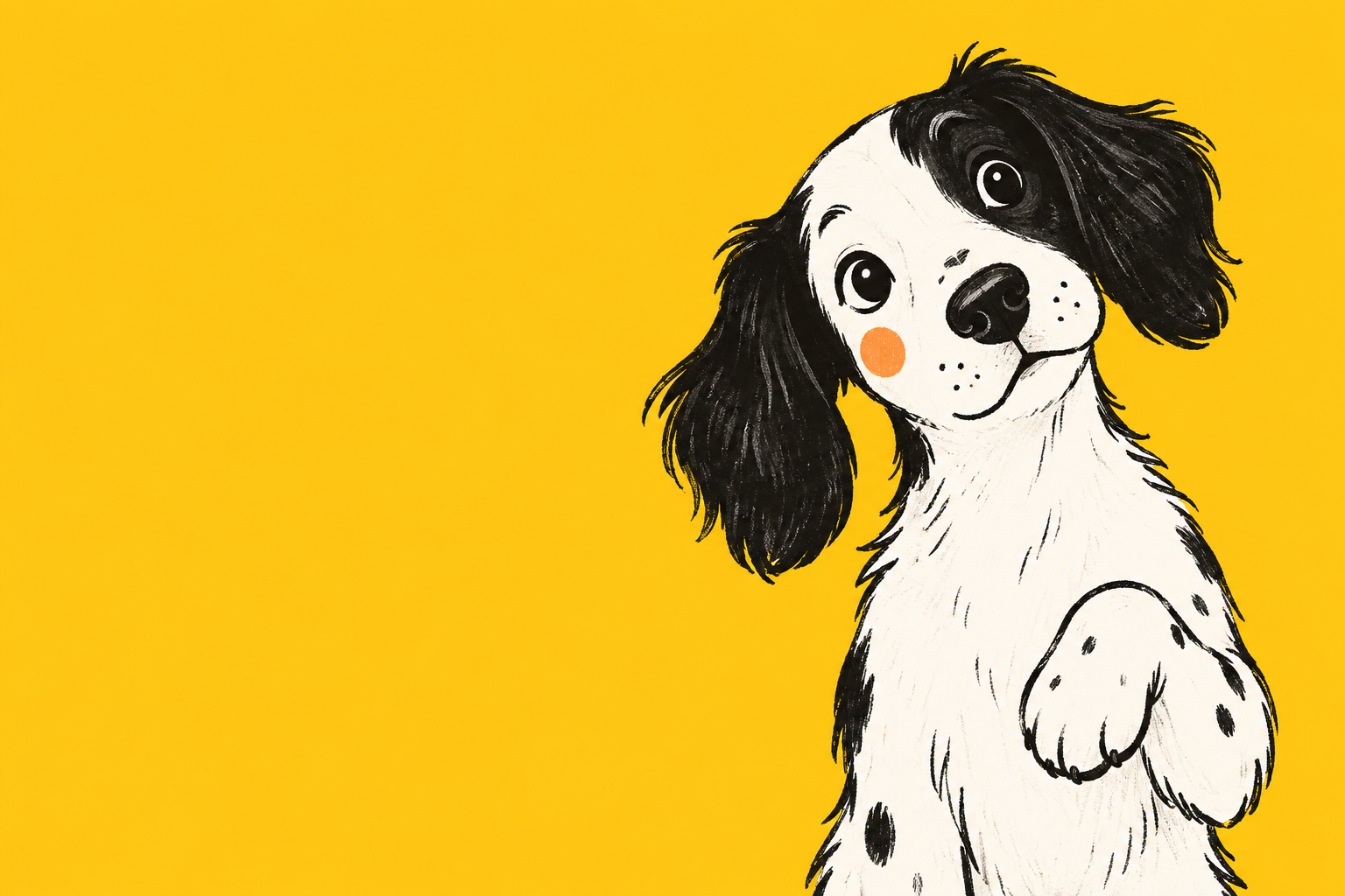 A curious illustrated dog peeking into Merrill's world